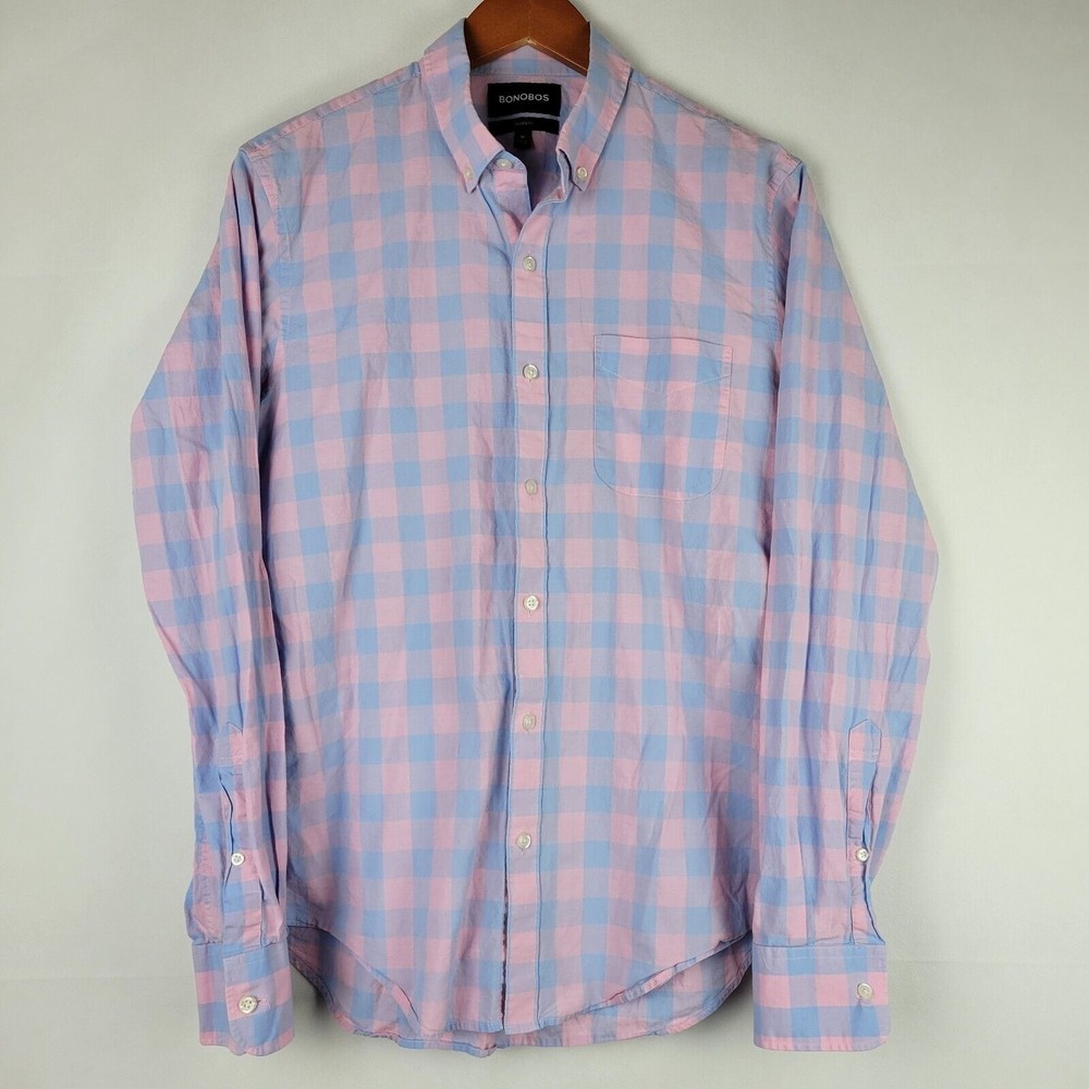 Bonobos Shirt Mens Medium Tailored Fit Pink Blue Plaid Long Washed Button Down